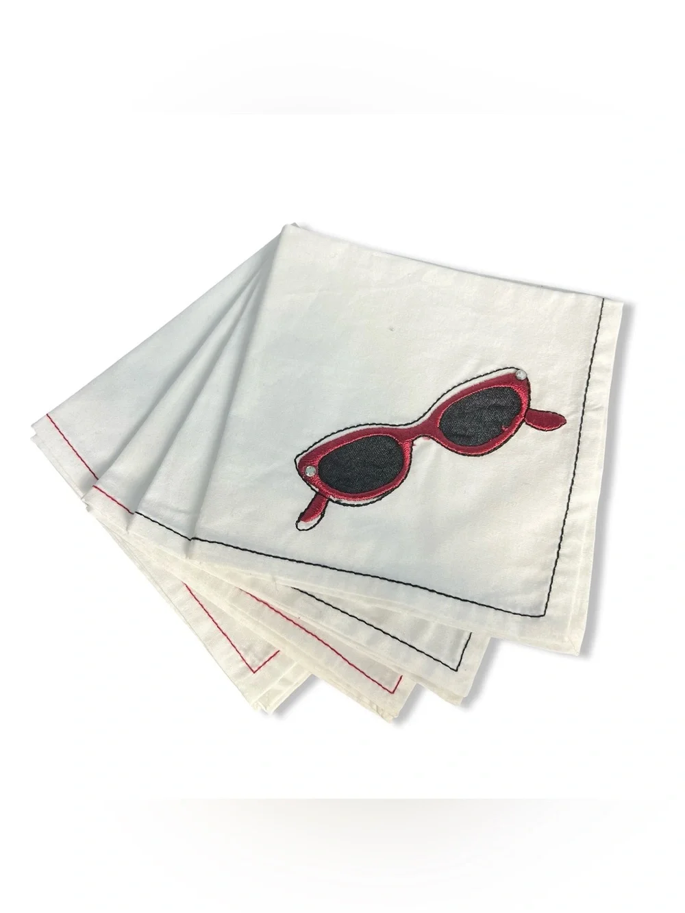 Set Of 4 Embroidered Fashion Motif Cotton Cloth Cocktail Napkins White Black Red